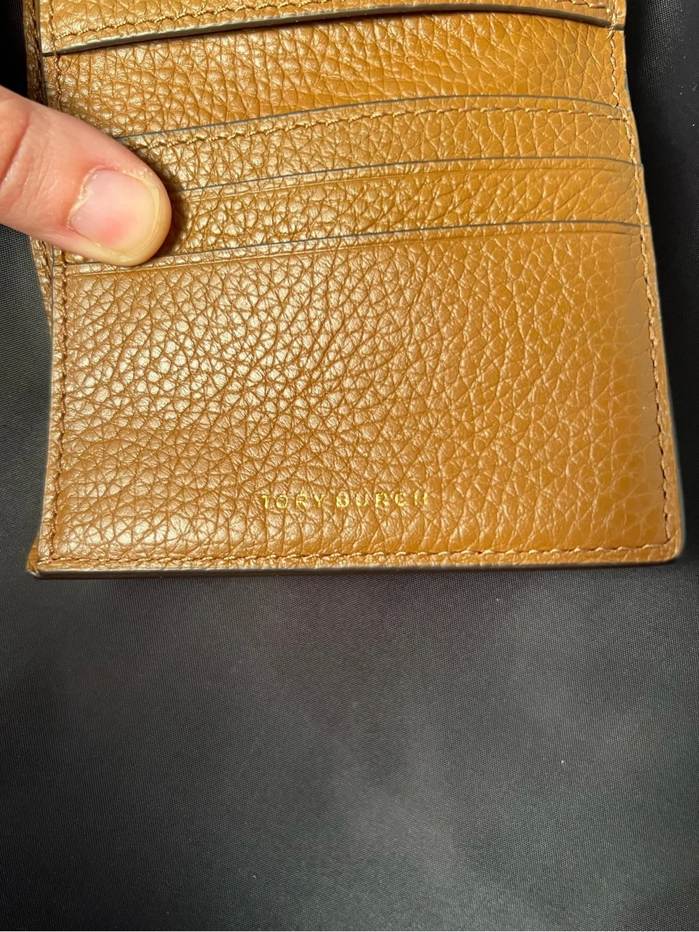 Tory Burch Britten Brown Moose Pebbled Leather Tri-Fold Wallet 4” L x 3.75” W